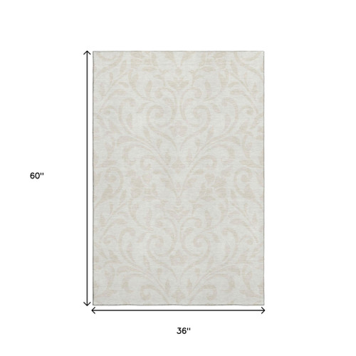 3' X 5' Ivory And Beige Floral Washable Area Rug With UV Protection