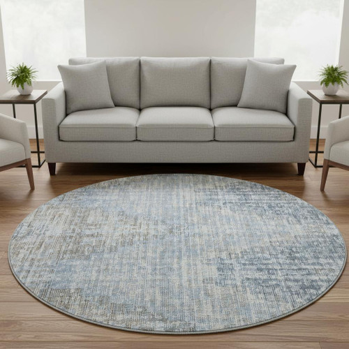 8' Denim Blue And Ivory Geometric Washable Round Rug With UV Protection