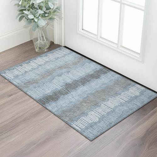 3' X 5' Blue Ivory And Gray Striped Washable Area Rug With UV Protection
