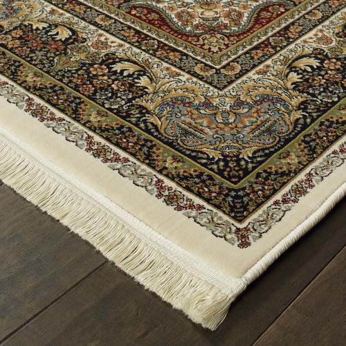 10' Ivory Black And Tan Medallion Runner Rug With Fringe