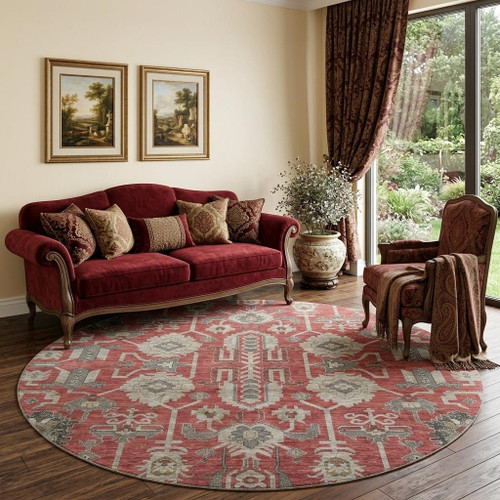 8' Red Beige And Charcoal Oriental Washable Round Rug With UV Protection