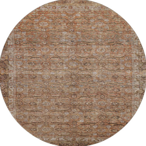 8' Copper And Beige Oriental Washable Round Rug With UV Protection