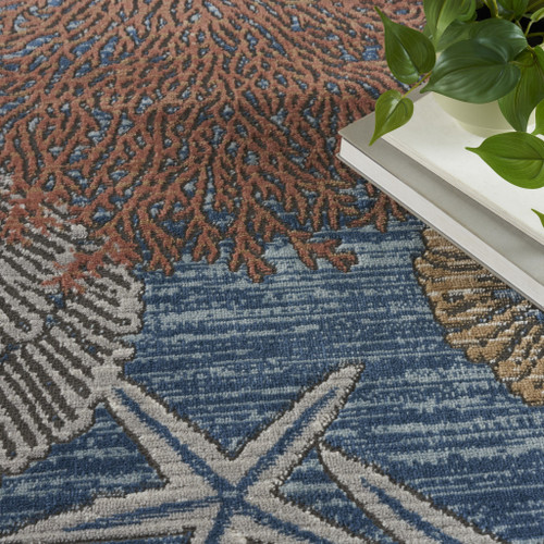 6' X 9' Blue And Brown Seashell and Coral Non Skid Area Rug