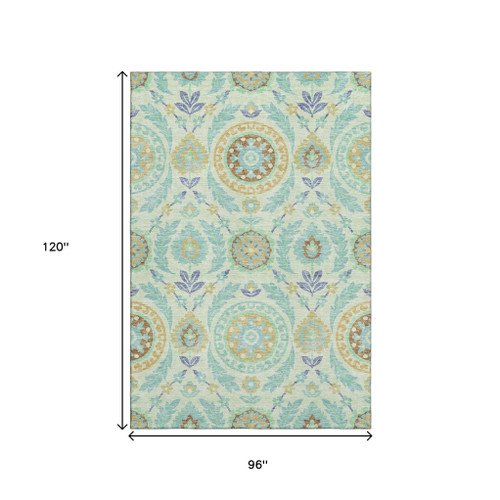 8' X 10' Mint Green Blue And Beige Floral Washable Area Rug With UV Protection