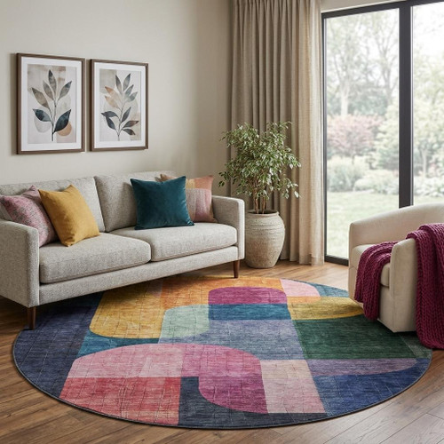 8' Green Blue And Pink Abstract Geometric Washable Round Rug With UV Protection