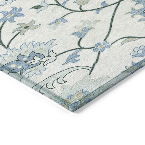 8' Ivory Blue And Beige Round Floral Washable Indoor Outdoor Area Rug