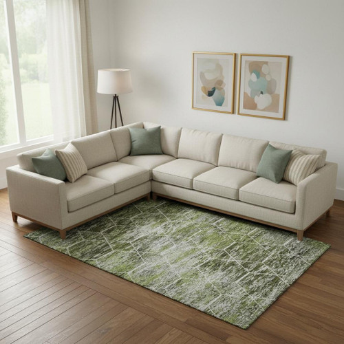 10' X 14' Olive Green Gray And Ivory Geometric Washable Area Rug With UV Protection
