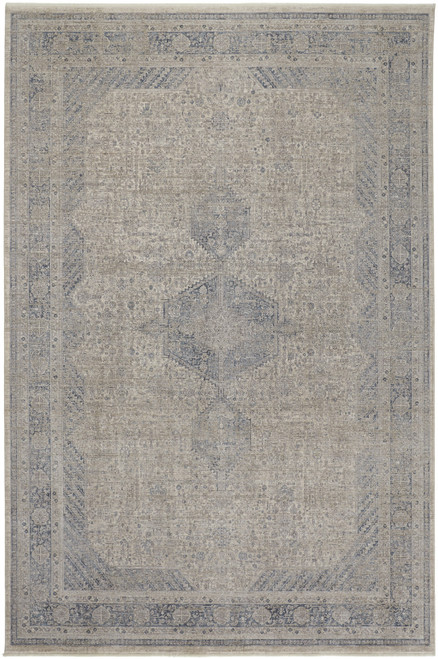 12' X 15' Gray Blue and Taupe Oriental Power Loom Worn Faded Area Rug With Fringe