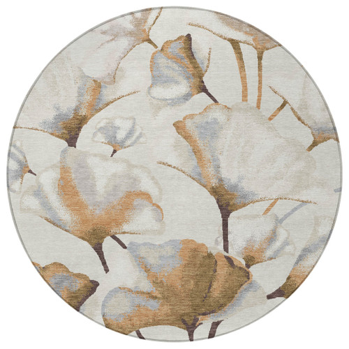8' Copper Ivory And Beige Round Botanical Leaves Washable Indoor Outdoor Area Rug