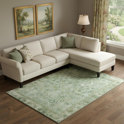 10' X 14' Artichoke Green And Ivory Oriental Washable Area Rug With UV Protection