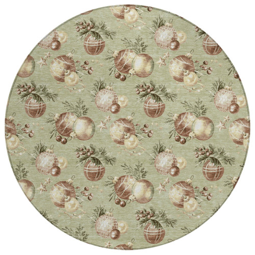 8' Artichoke Green Brown And Beige Round Stars Washable Indoor Outdoor Area Rug