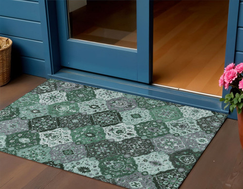 3' X 5' Green Ivory And Gray Floral Medallion Washable Indoor Outdoor Area Rug