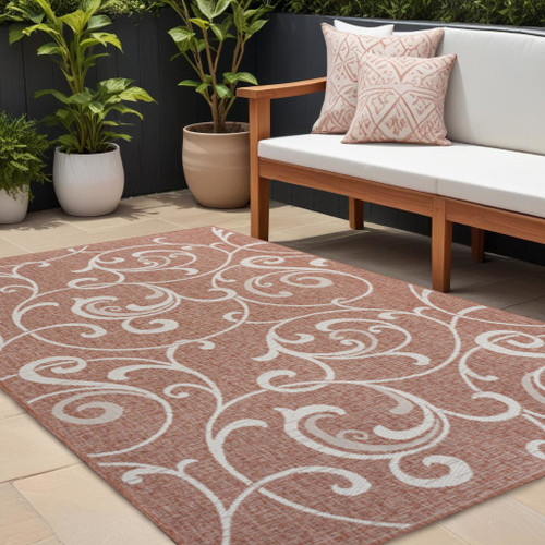 8' X 10' Salmon And Cream Floral Indoor Outdoor Area Rug