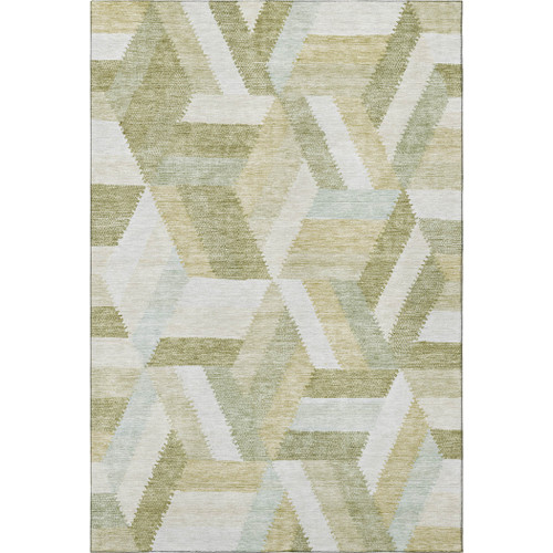 5' X 8' Artichoke Green Ivory And Wheat Geometric Washable Area Rug With UV Protection
