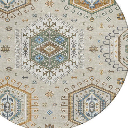 8' Beige And Ivory Round Tribal Washable Indoor Outdoor Area Rug