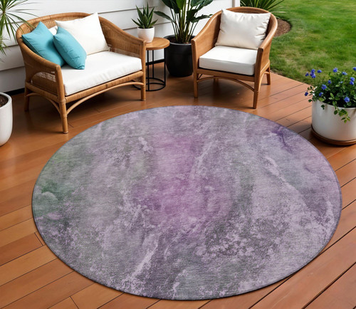 8' Plum And Ivory Round Abstract Washable Indoor Outdoor Area Rug