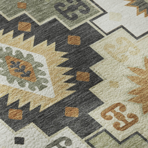 9' X 12' Fern Green And Gold Geometric Washable Area Rug With UV Protection