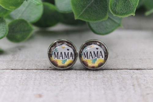 Mama Sunflower Circle  Glass Stud Earrings