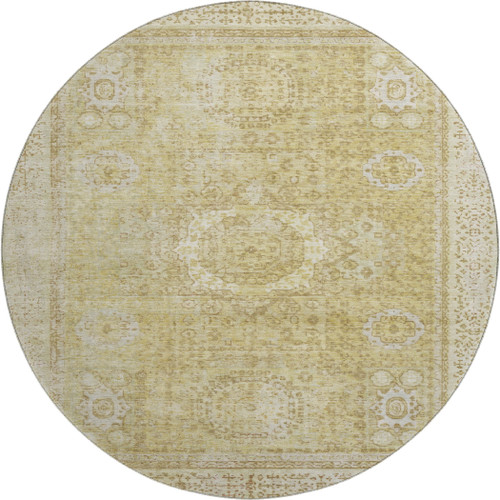 8' Beige And Gold Oriental Washable Round Rug With UV Protection