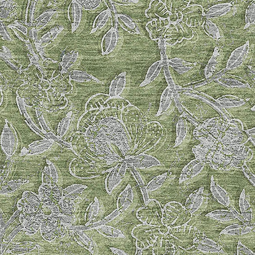 10' X 14' Olive Green And Gray Floral Washable Area Rug With UV Protection