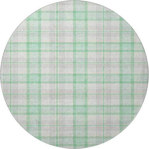 8' Aqua Ivory And Green Plaid Washable Round Rug With UV Protection