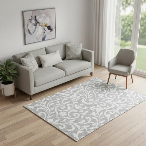 5' X 8' Gray And Ivory Floral Washable Area Rug With UV Protection