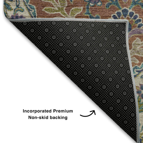 8' X 10' Blue Copper And Fern Green Floral Washable Area Rug With UV Protection