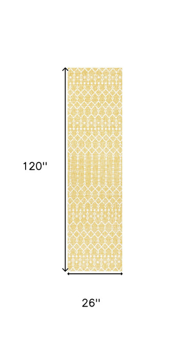 10' Yellow And Cream Trellis Indoor Outdoor Runner Rug