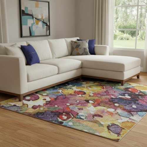 8' X 10' Navy Blue Gold And Red Floral Washable Area Rug With UV Protection