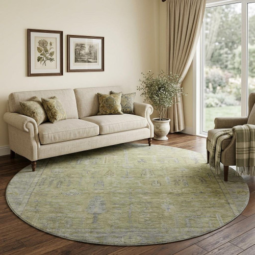 8' Artichoke Green And Gray Oriental Washable Round Rug With UV Protection