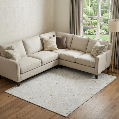 8' X 10' Ivory And Beige Floral Washable Area Rug With UV Protection