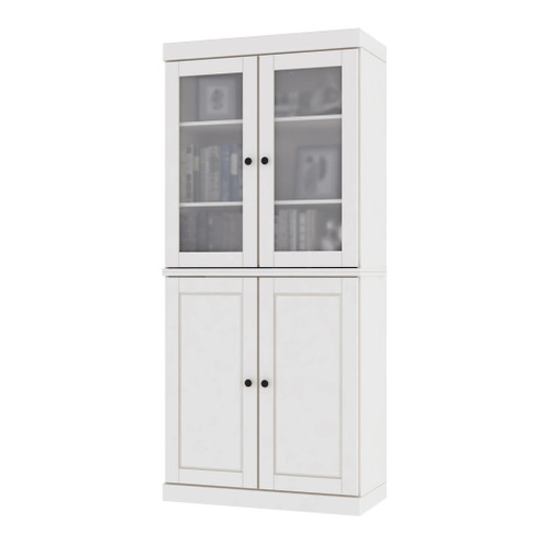 72" White Solid Wood Adjustable Six Tier Library Bookcase with Four Doors