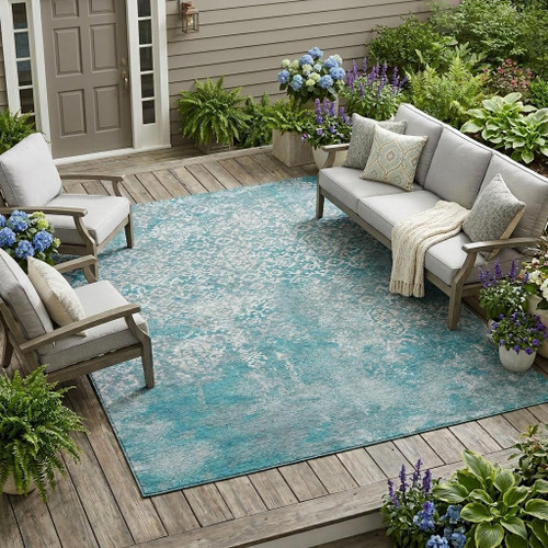 8' X 10' Teal Blue And Brown Oriental Washable Indoor Outdoor Area Rug