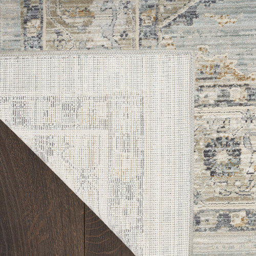 12' Ivory Tan And Light Blue Floral Medallion Distressed Runner Rug With Fringe