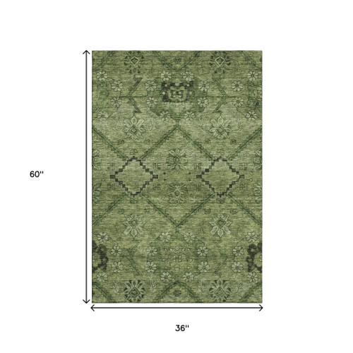 3' X 5' Olive Green And Gray Floral Washable Area Rug With UV Protection