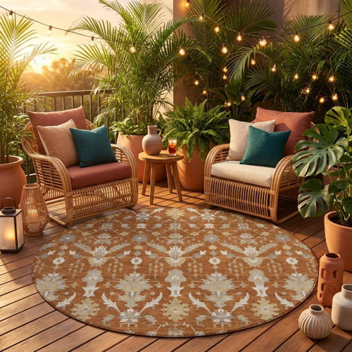 8' Orange And Beige Round Oriental Washable Indoor Outdoor Area Rug