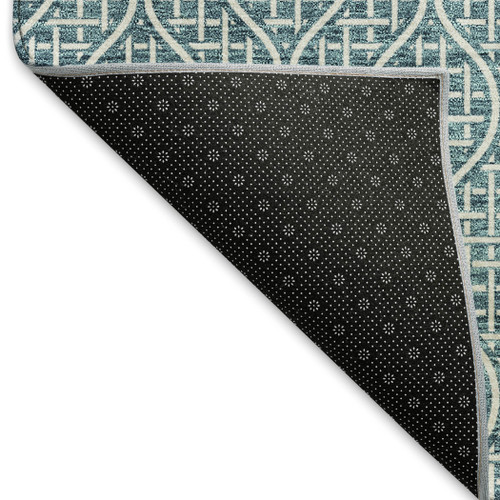 8' Teal And Ivory Geometric Washable Round Rug With UV Protection