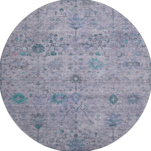 8' Lavender And Teal Oriental Washable Round Rug With UV Protection