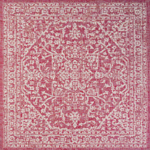 5' Fuchsia And Light Gray Square Medallion Indoor Outdoor Area Rug