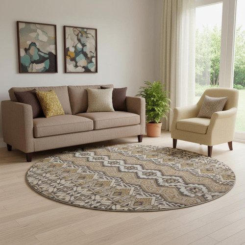 8' Taupe Beige And Copper Moroccan Washable Round Rug With UV Protection