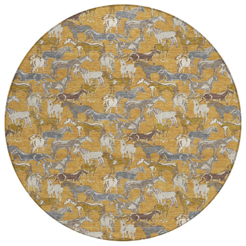 8' Gold And Beige Round Horse Washable Indoor Outdoor Area Rug