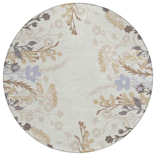 8' Ivory Khaki And Gray Round Floral Washable Indoor Outdoor Area Rug
