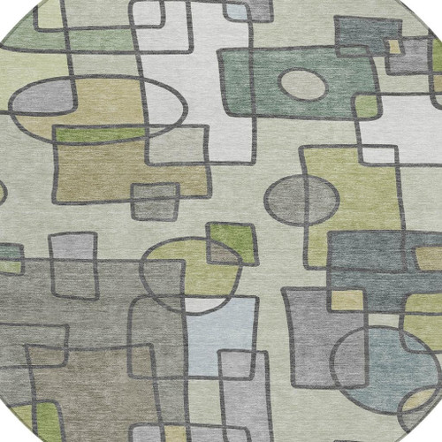 8' Fern Green And Green Round Geometric Washable Indoor Outdoor Area Rug