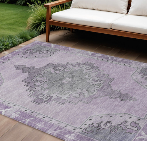 10' X 14' Plum And Gray Geometric Washable Indoor Outdoor Area Rug
