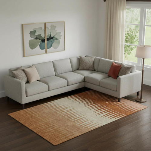 10' X 14' Copper And Beige Striped Washable Area Rug With UV Protection