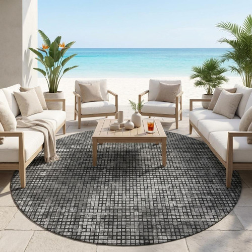 8' Gray And Graphite Round Abstract Washable Indoor Outdoor Area Rug