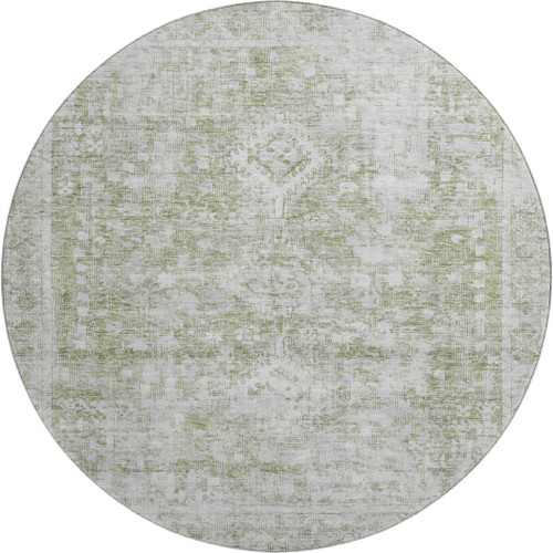 8' X 8' Artichoke Green And Ivory Oriental Washable Round Rug With UV Protection