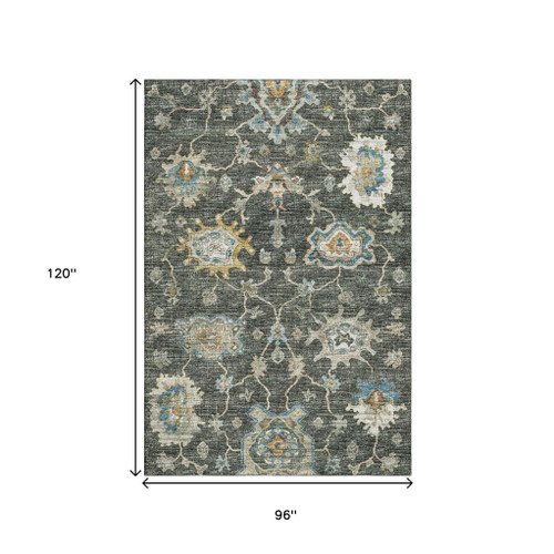 8' X 10' Charcoal Blue And Gold Floral Medallion Distressed Washable Area Rug With UV Protection