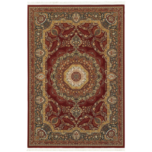 5' X 8' Black Red And Tan Medallion Area Rug With Fringe