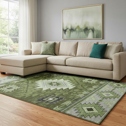 8' X 10' Olive Green Gray And Charcoal Geometric Washable Area Rug With UV Protection